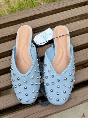 Light Blue Studded Slip-On Mules - Women NWT Sz 7